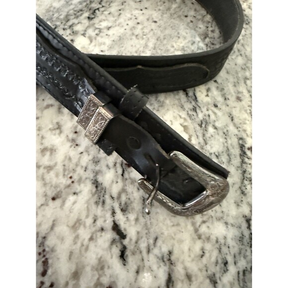 Vtg 90s Nocona Leather Belt 32 Black Silver Buckle Western Floral 1in Cowboy - Picture 2 of 5